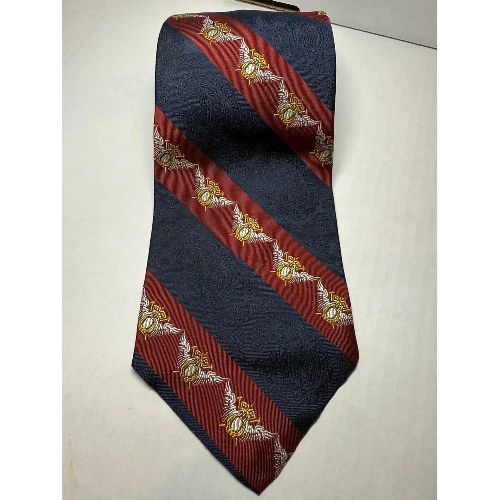 VTG Lanvin Paris Silk Tie Red Navy Striped Crest Paisley Jacquard Made‎ France